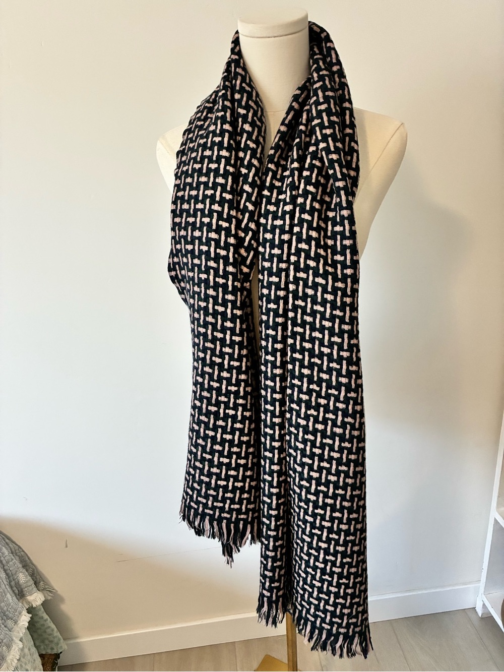 COS Wool Woven Unisex Scarf in Navy, Forest Green, and Cream
